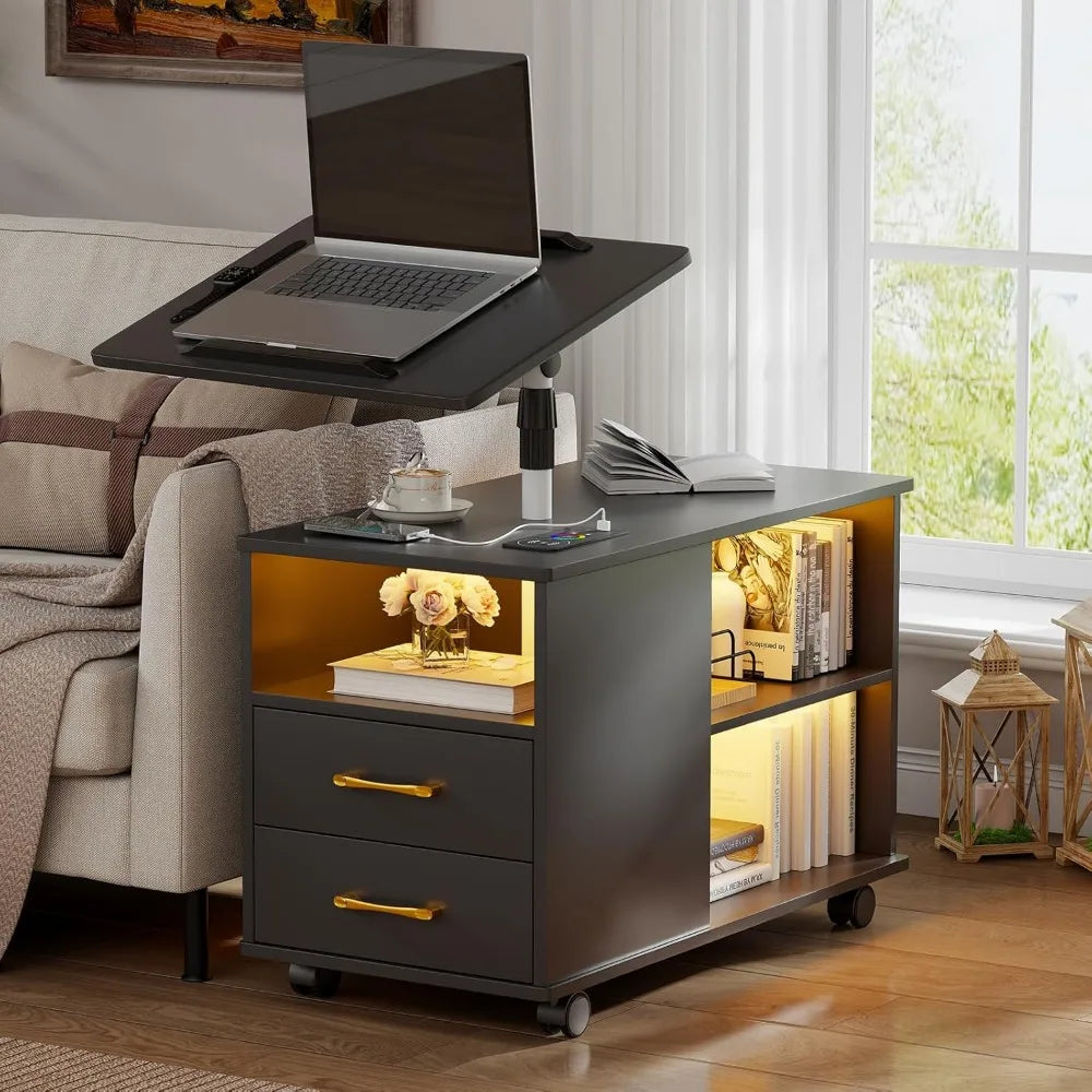 Nightstand with Charging Station, Bedside Table with LED Lights, Smart Side End Tabel Has Adjustable Rotary Table/Storage Drawer