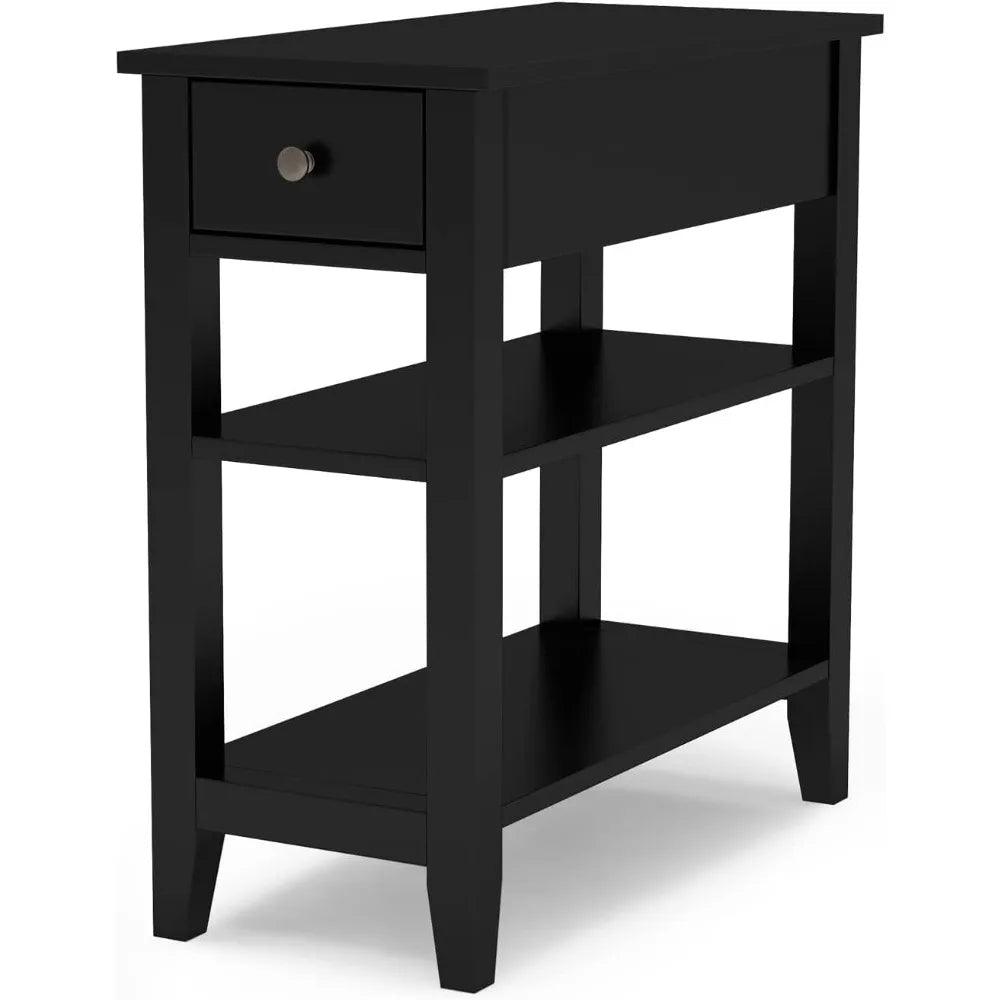 ChooChoo Side Table Living Room, Narrow End Table with Drawer and Shelf, 3-Tier Sofa End Table for Small Space, Black