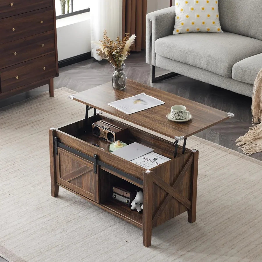 36inch Small Farmhouse Barn Door Coffee Table with Lift Top and Hidden Storage Rectangular Wooden Living Room Table with Liftin