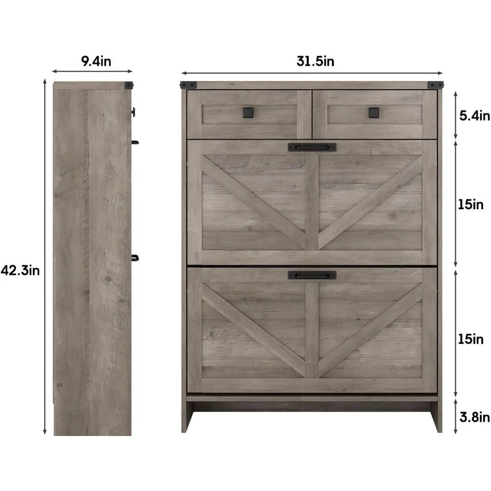 Shoe Cabinet with 2 Flip Drawers & 2 Drawers,Farmhouse Shoe Storage Cabinet for Entryway,Slim Freestanding Narrow Organizer Rack