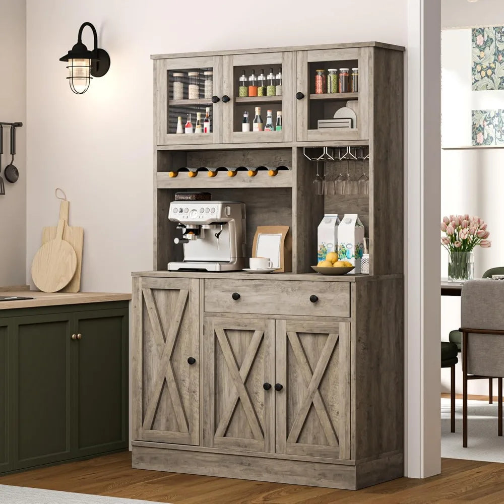 Kitchen Cabinet With Wine Rack & Power Outlet, 71" H Tall Storage Cabinet With Doors, Shelves, Drawer, Goblet Holder