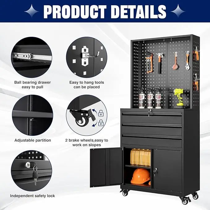 71" Rolling Steel Tool Cabinet, 2 Door w/ Adjustable Shelves & Lock, Mobile Storage for Garage/Warehouse