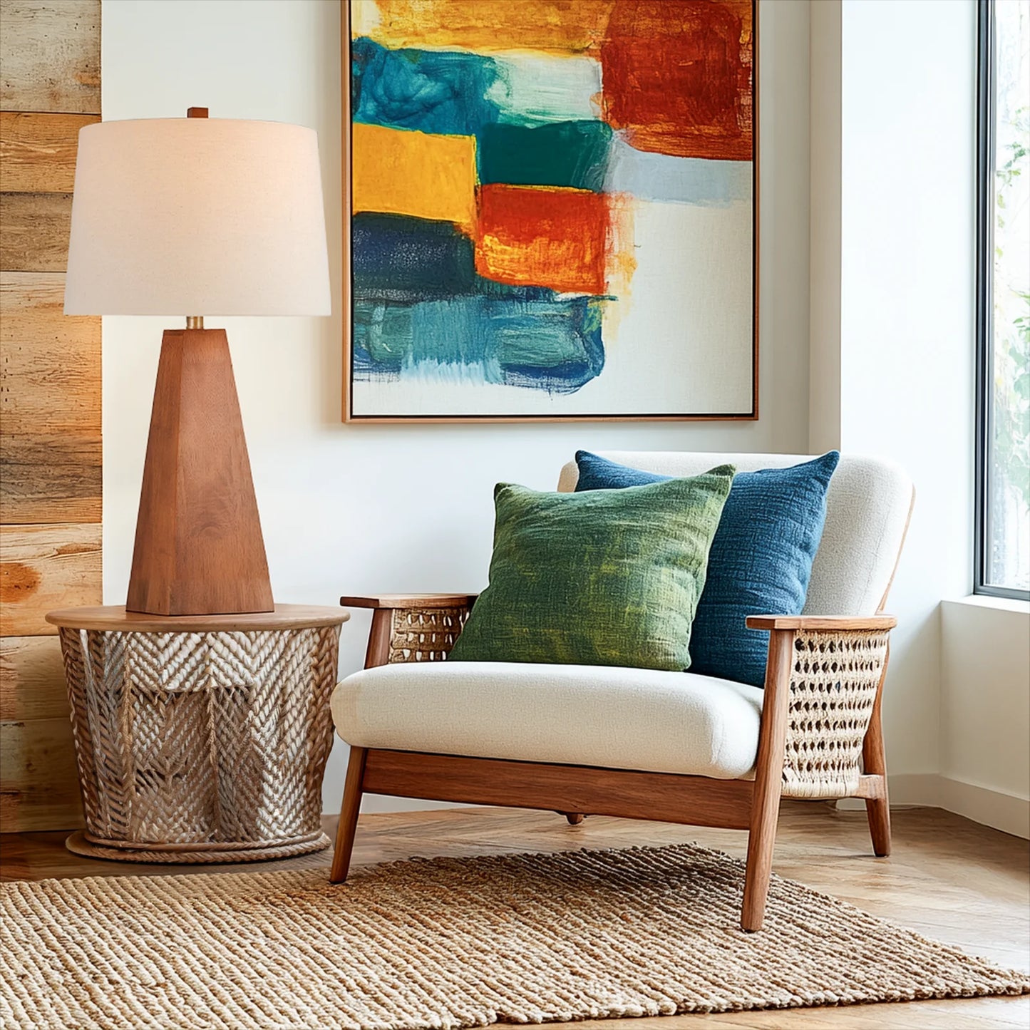 29'' Large Wood Table Lamp With Beige Linen Shade, Mid Century Modern Walnut Desk Lamp, For Living Room, Bedroom, Home Office