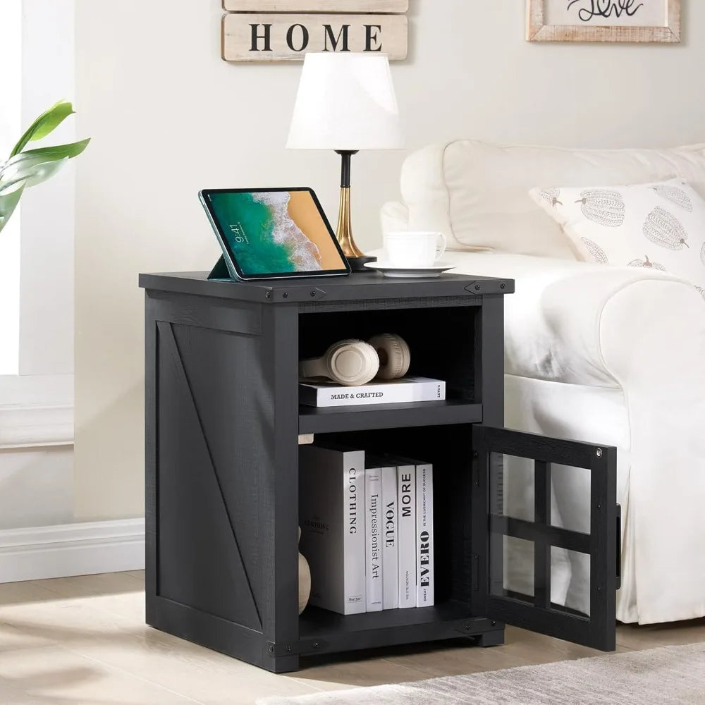 Farmhouse Nightstand with Charging Station, Rustic End Table with Tempered Glass Barn Door, Wood Sofa Side Bedside Table with Op