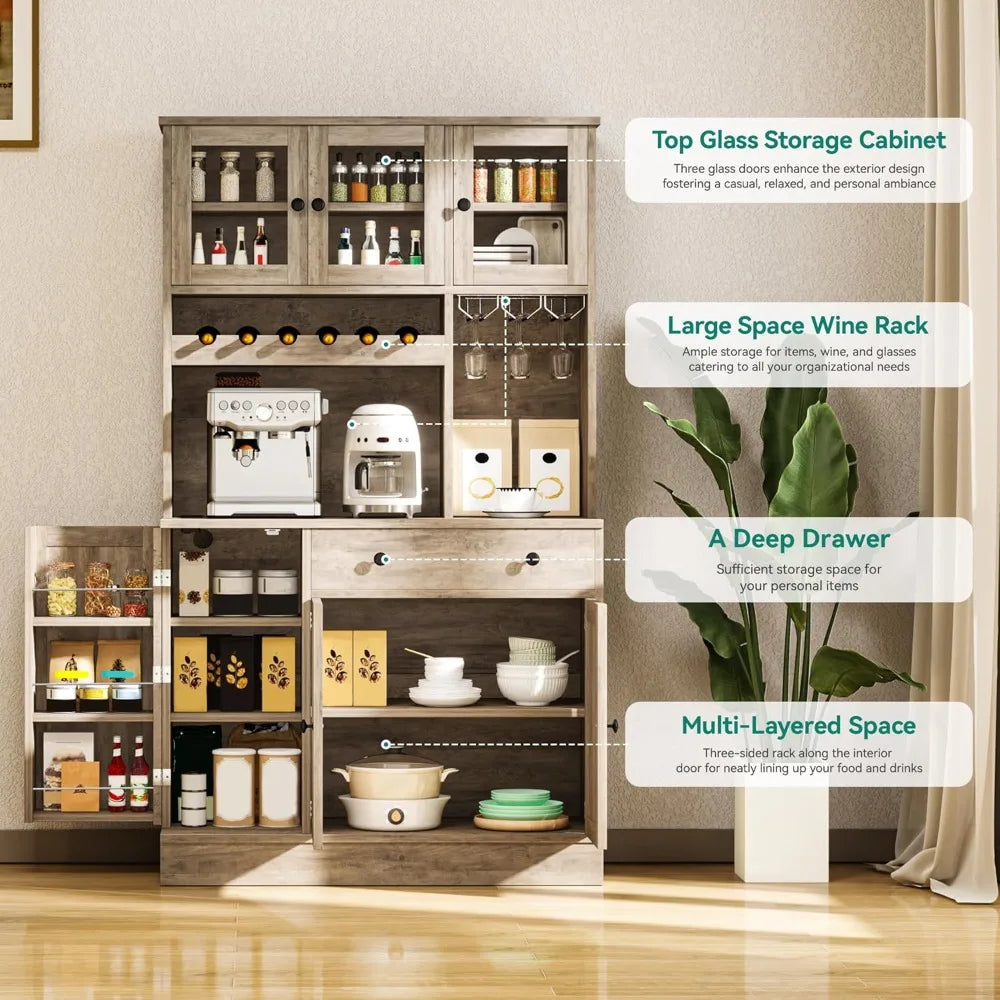 Kitchen Cabinet With Wine Rack & Power Outlet, 71" H Tall Storage Cabinet With Doors, Shelves, Drawer, Goblet Holder