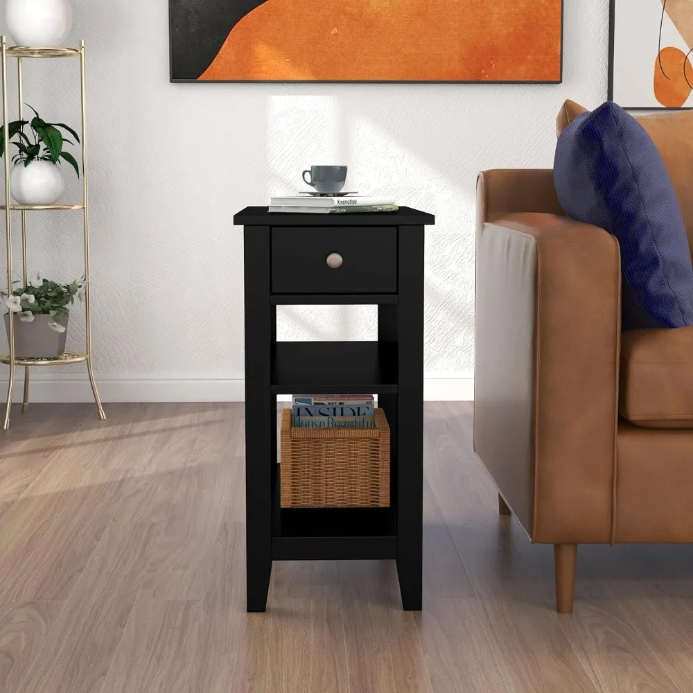 ChooChoo Side Table Living Room, Narrow End Table with Drawer and Shelf, 3-Tier Sofa End Table for Small Space, Black