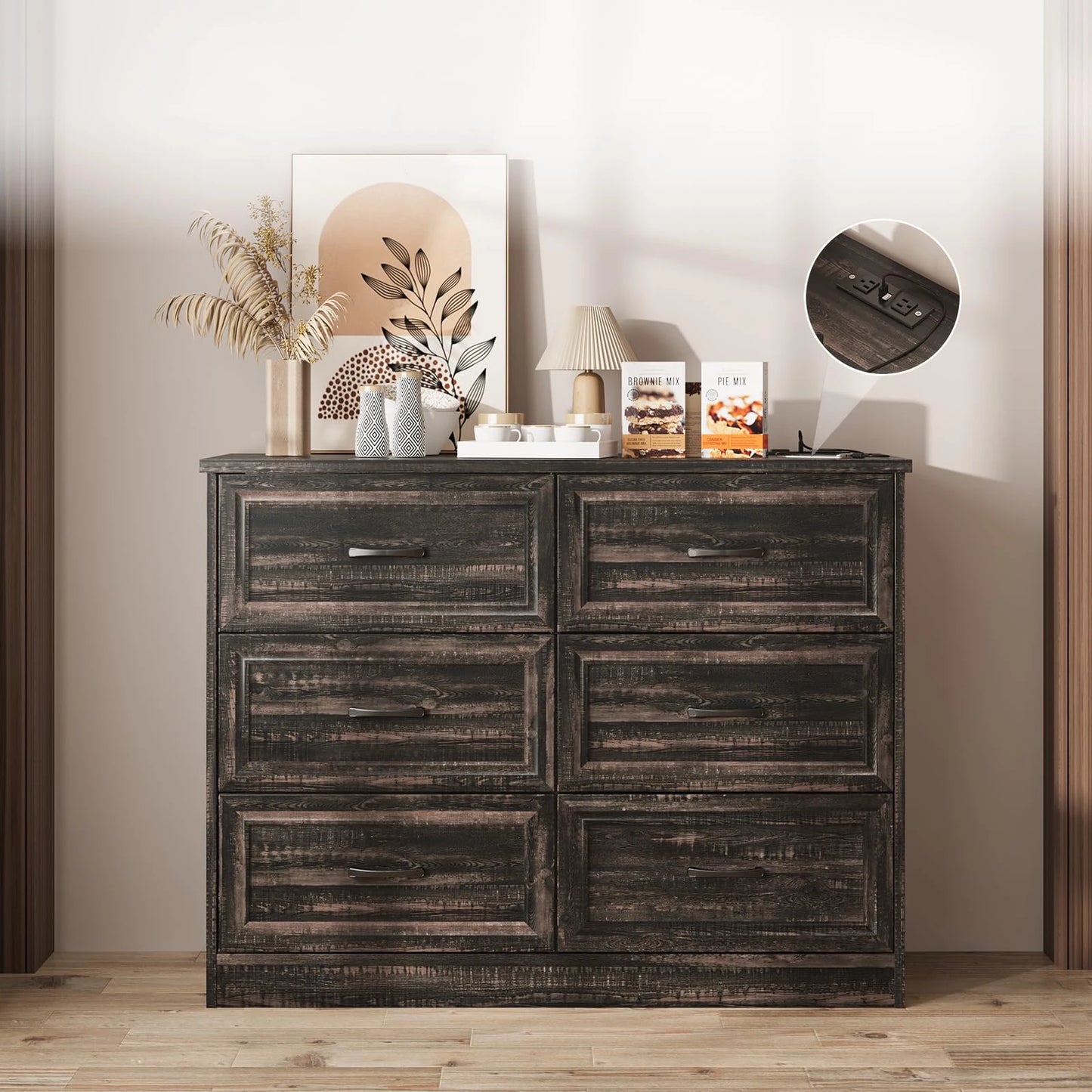 Vabches 6 Drawer Dresser for Bedroom Wood Chest of Drawers with Power Strip Tall Dresser Organizer with Metal Handle for Hallway