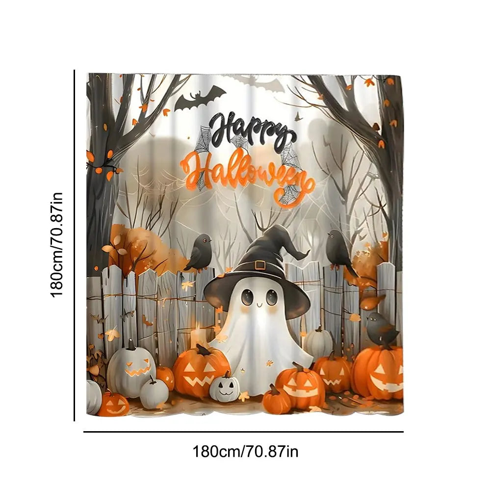 Cute Cartoon Ghost Shower Curtain Set Halloween Bathroom Curtain Polyester Fabric Bathtub Curtain with Hooks for Bathroom Decor