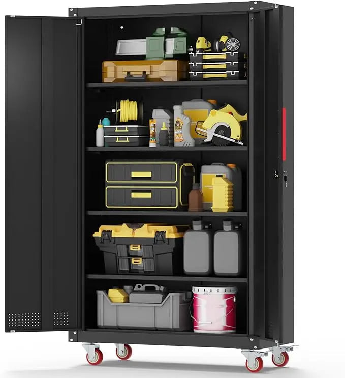 71" Metal Garage Storage Cabinet, Metal Garage Cabinets with Wheels,Tool Storage Cabinet with 5 Adjustable Shelves, Locking Stee