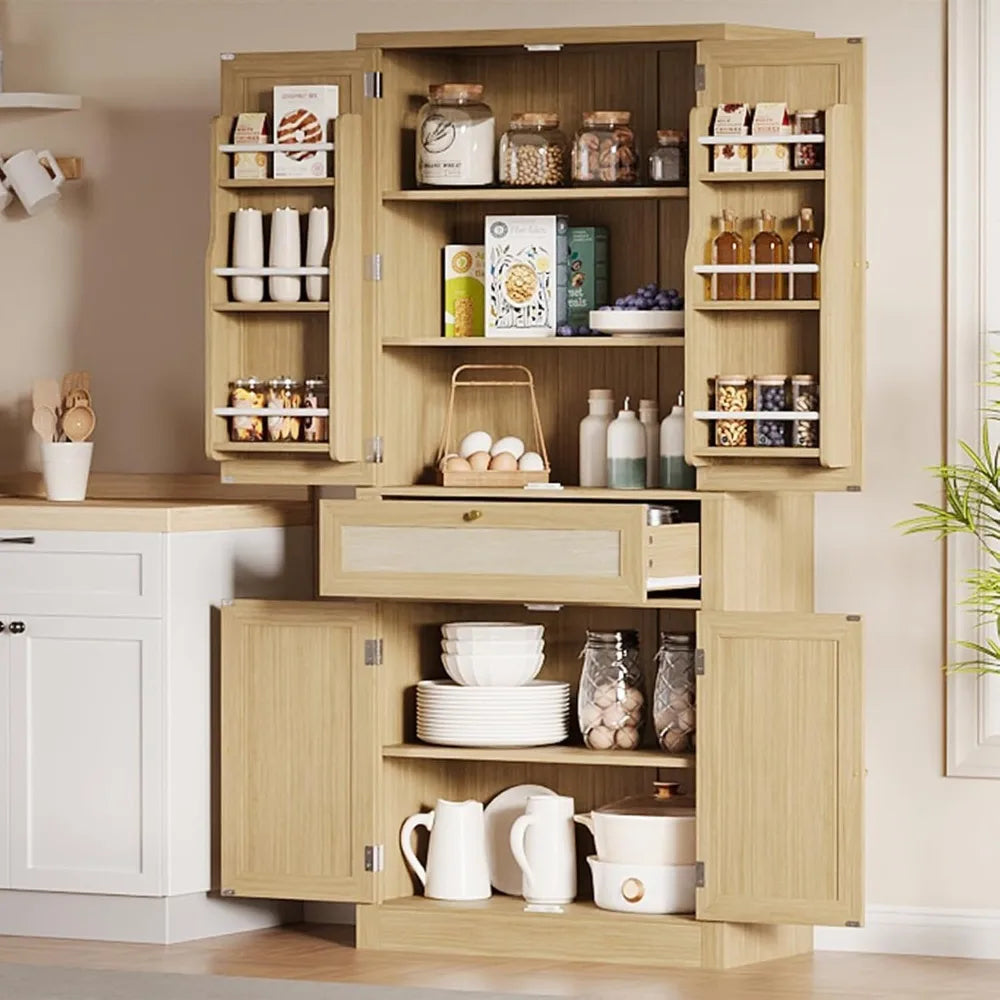 70inch Tall Kitchen Pantry, Rattan Cupboard Storage Cabinet with 1 Drawer and 6 Door Shelves for Dinning Living Room