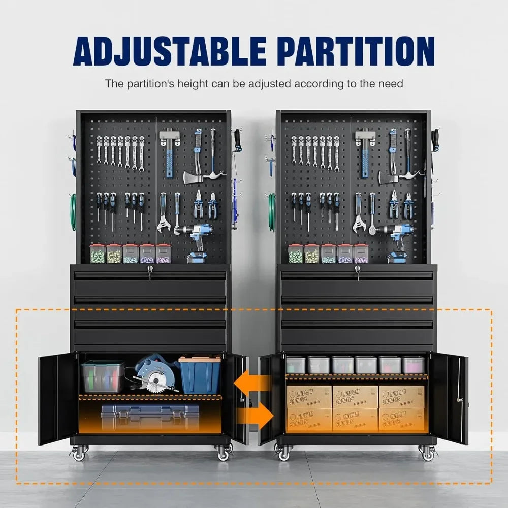 Metal Garage Storage Cabinet with Wheels,3-Drawer Rolling Tool Cabinet with 2 Door and Adjustable Shelves,