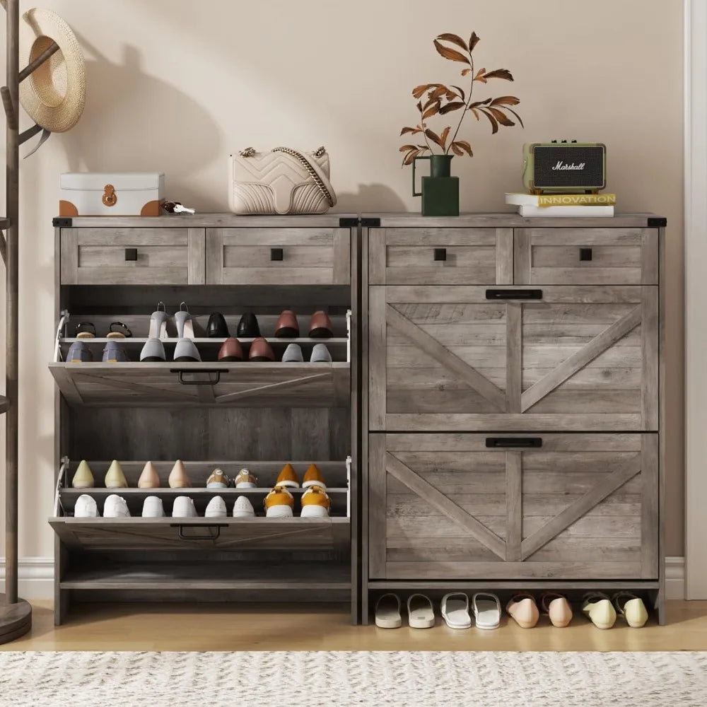 Shoe Cabinet with 2 Flip Drawers & 2 Drawers,Farmhouse Shoe Storage Cabinet for Entryway,Slim Freestanding Narrow Organizer Rack