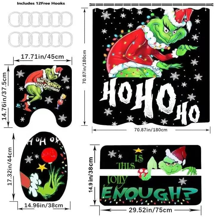 Merry Christmas Bathroom 4-Piece Set, Shower Curtain, Non-Slip Rug, Toilet Seat Cover and Bath Mat Christmas Holiday Bathroom