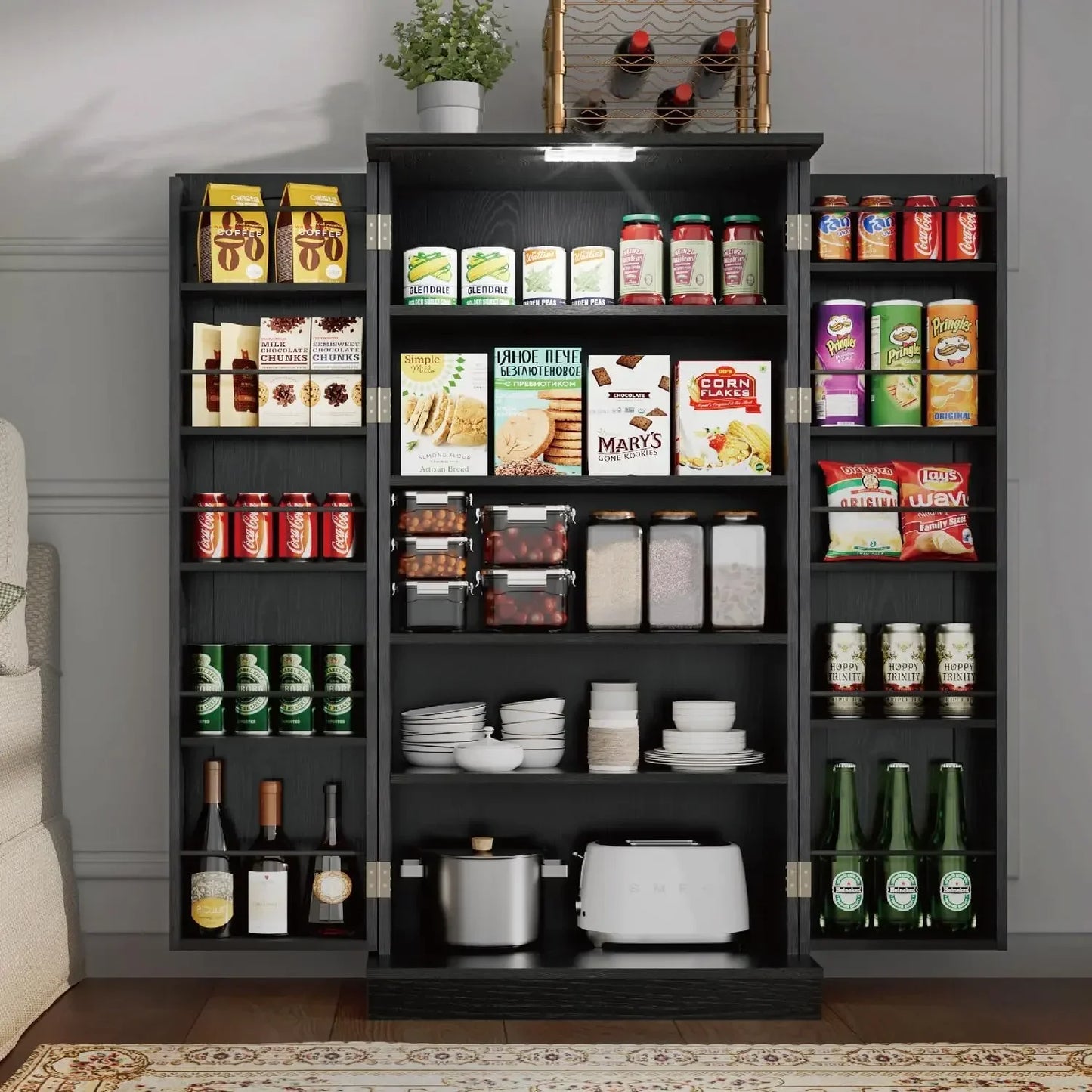 LED Kitchen Pantry Cabinet - 50" Food Storage Cupboard with 2 Doors & Adjustable Shelves, Perfect for Small Spaces