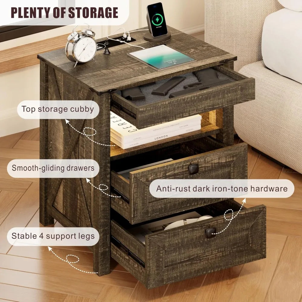 Farmhouse LED Nightstand with Gun Drawer&Invisible Lock,Modern Bedside Table with Human Sensor Design,Rustic Side Table