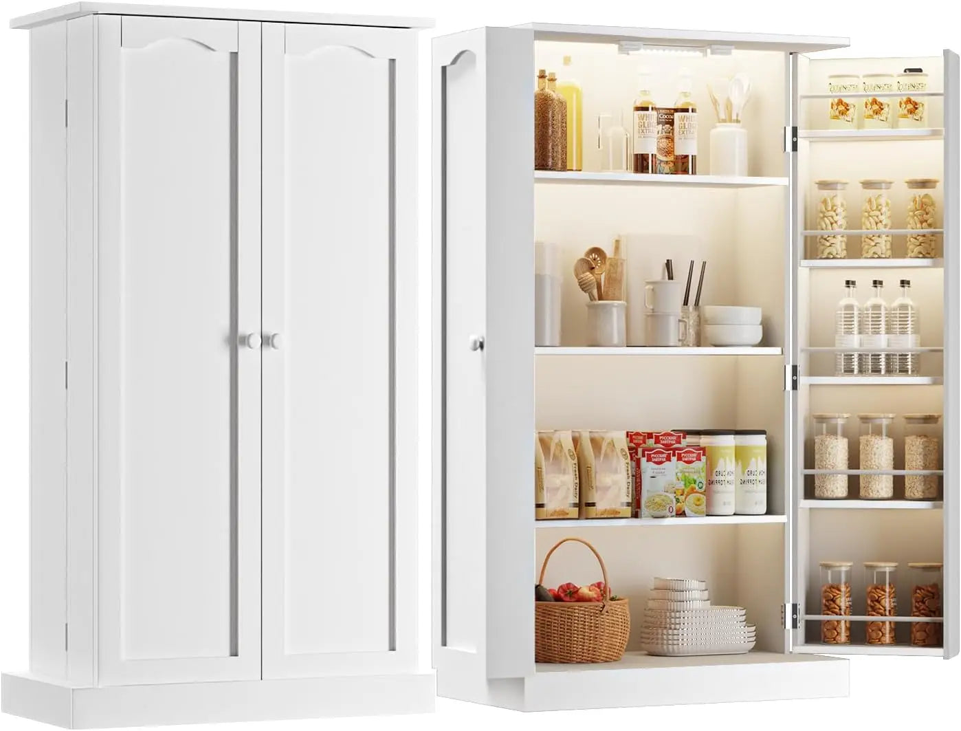 LED Kitchen Pantry Cabinet with 3 Adjustable Shelves and 2 Doors Wood Pantry Storage Cabinet with Handle for Kitchen Living Room