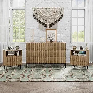 Modern 6-Drawer Solid Wood Dresser and Pair of Nightstands Set, 43" Wide for Bedroom