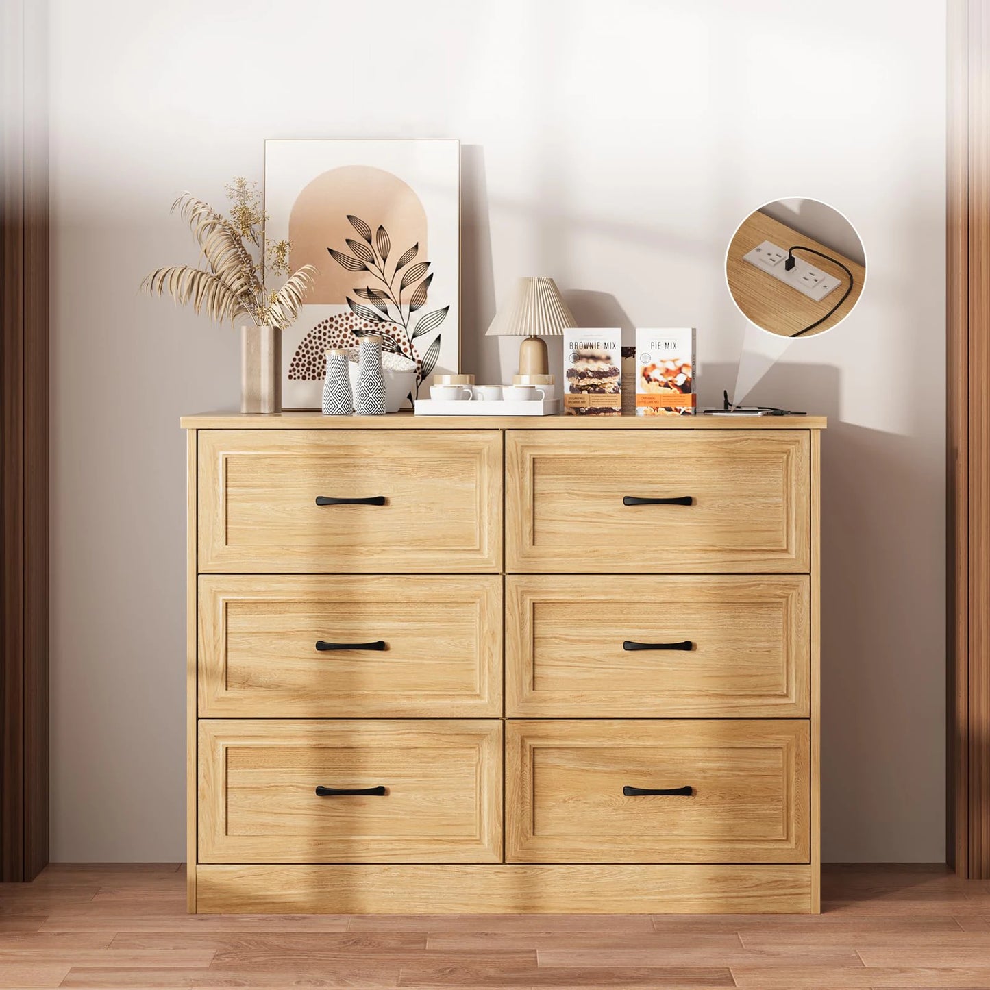 Vabches 6 Drawer Dresser for Bedroom Wood Chest of Drawers with Power Strip Tall Dresser Organizer with Metal Handle for Hallway