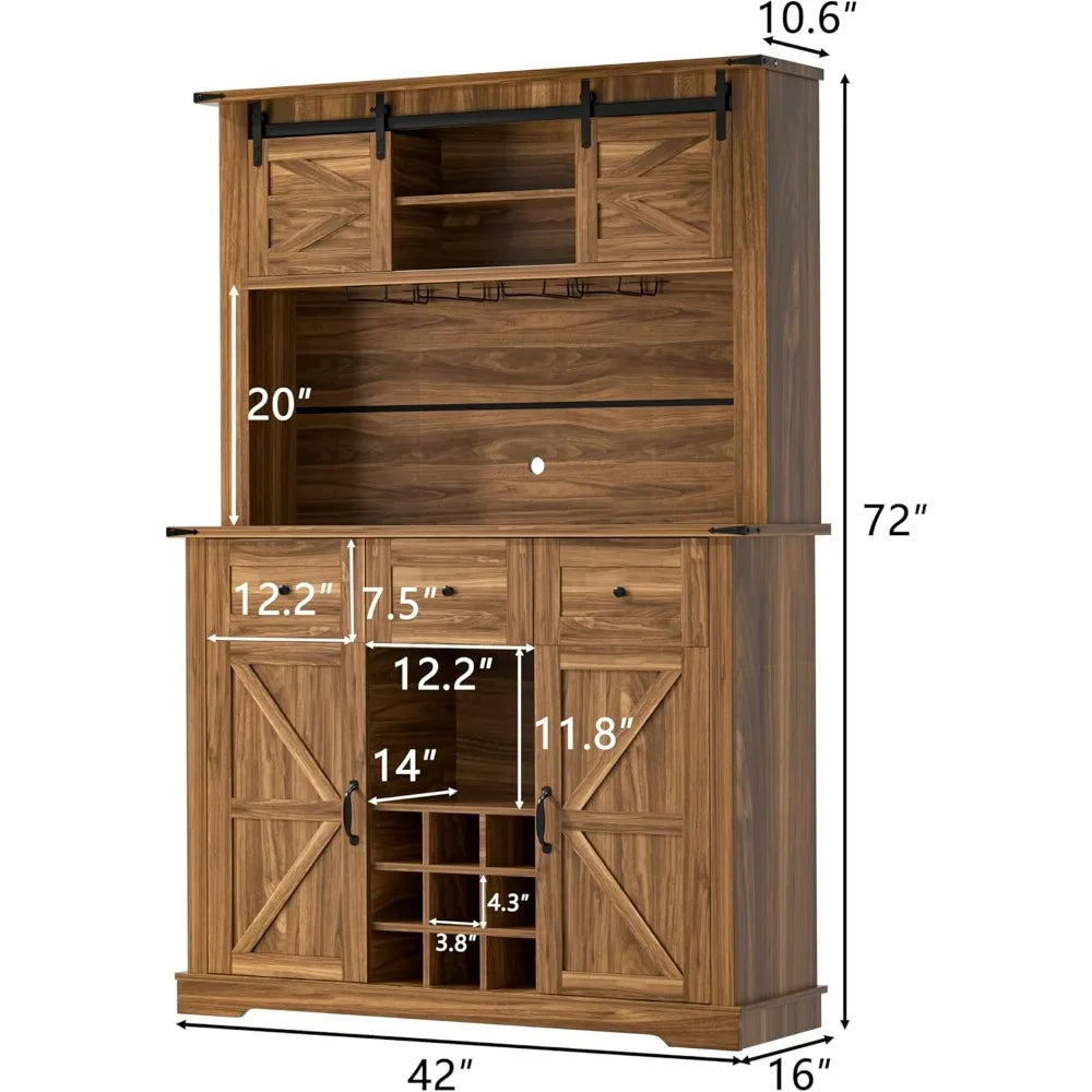 Farmhouse Coffee Bar Cabinet,72" Hutch Cabinet with Storage, Buffet Sideboard with Adjustable Shelves, Sliding Barn Door, Wine &