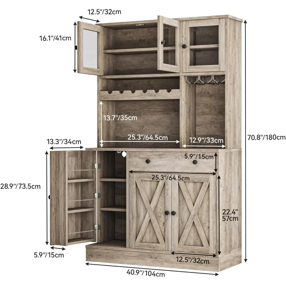 Kitchen Cabinet With Wine Rack & Power Outlet, 71" H Tall Storage Cabinet With Doors, Shelves, Drawer, Goblet Holder