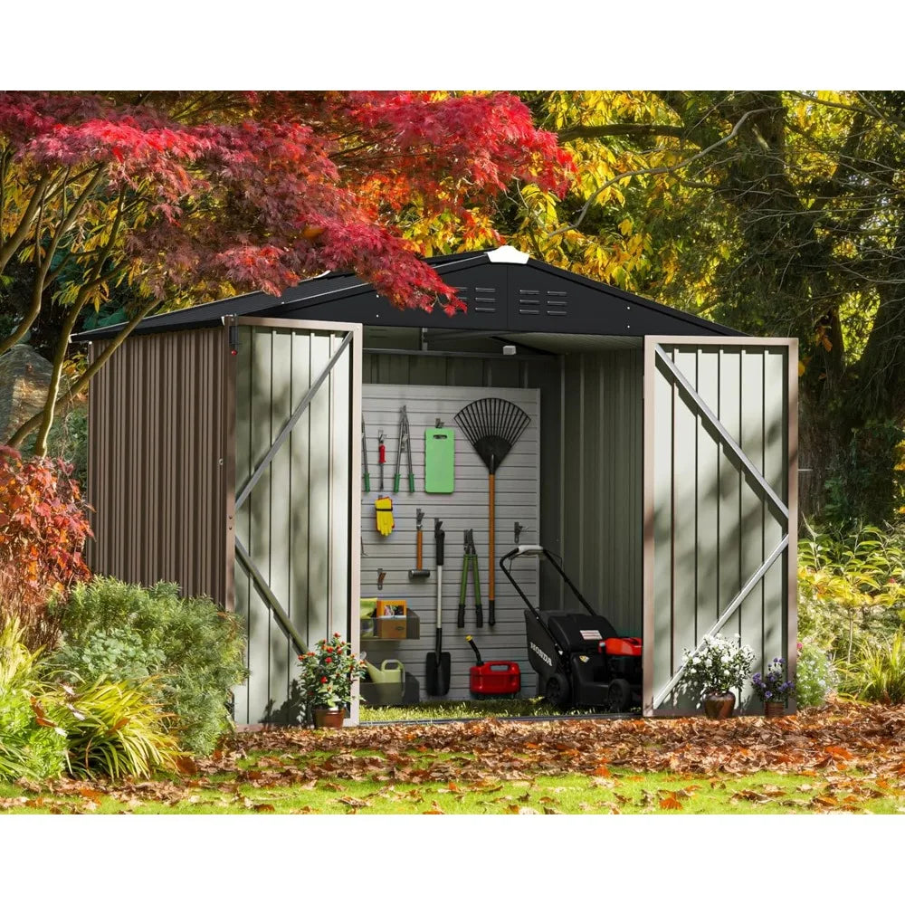 Outdoor Storage Shed 6 x 8 ft. Utility Tool Shed Metal Storage Garden Shed with Door & Lock for Patio Storage, Brown