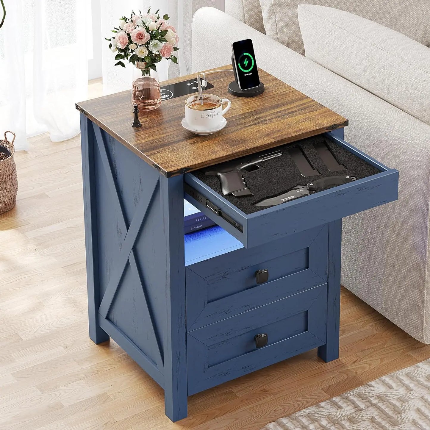 Farmhouse LED Nightstand with Gun Drawer&Invisible Lock,Modern Bedside Table with Human Sensor Design,Rustic Side Table