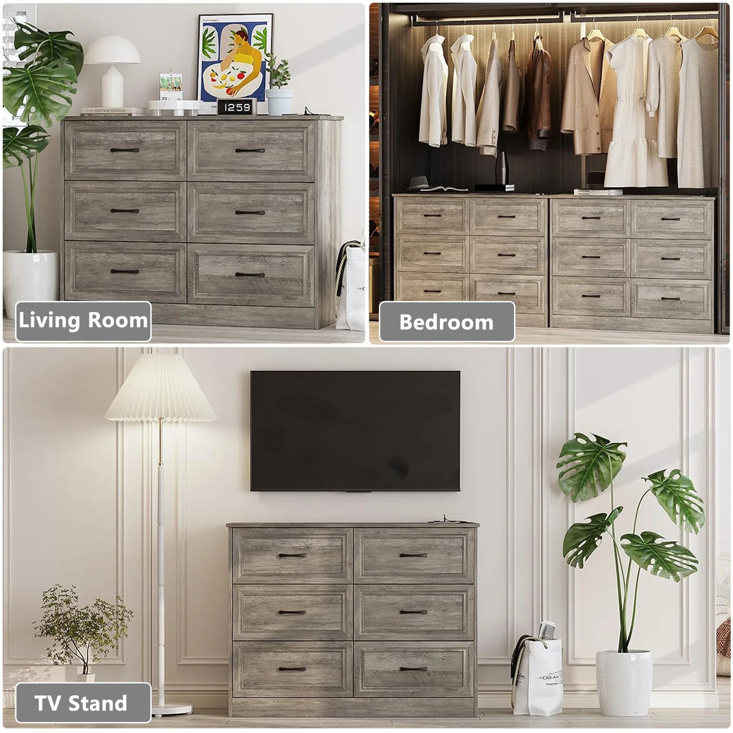 Vabches 6 Drawer Dresser for Bedroom Wood Chest of Drawers with Power Strip Tall Dresser Organizer with Metal Handle for Hallway