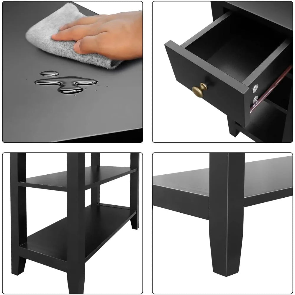 ChooChoo Side Table Living Room, Narrow End Table with Drawer and Shelf, 3-Tier Sofa End Table for Small Space, Black