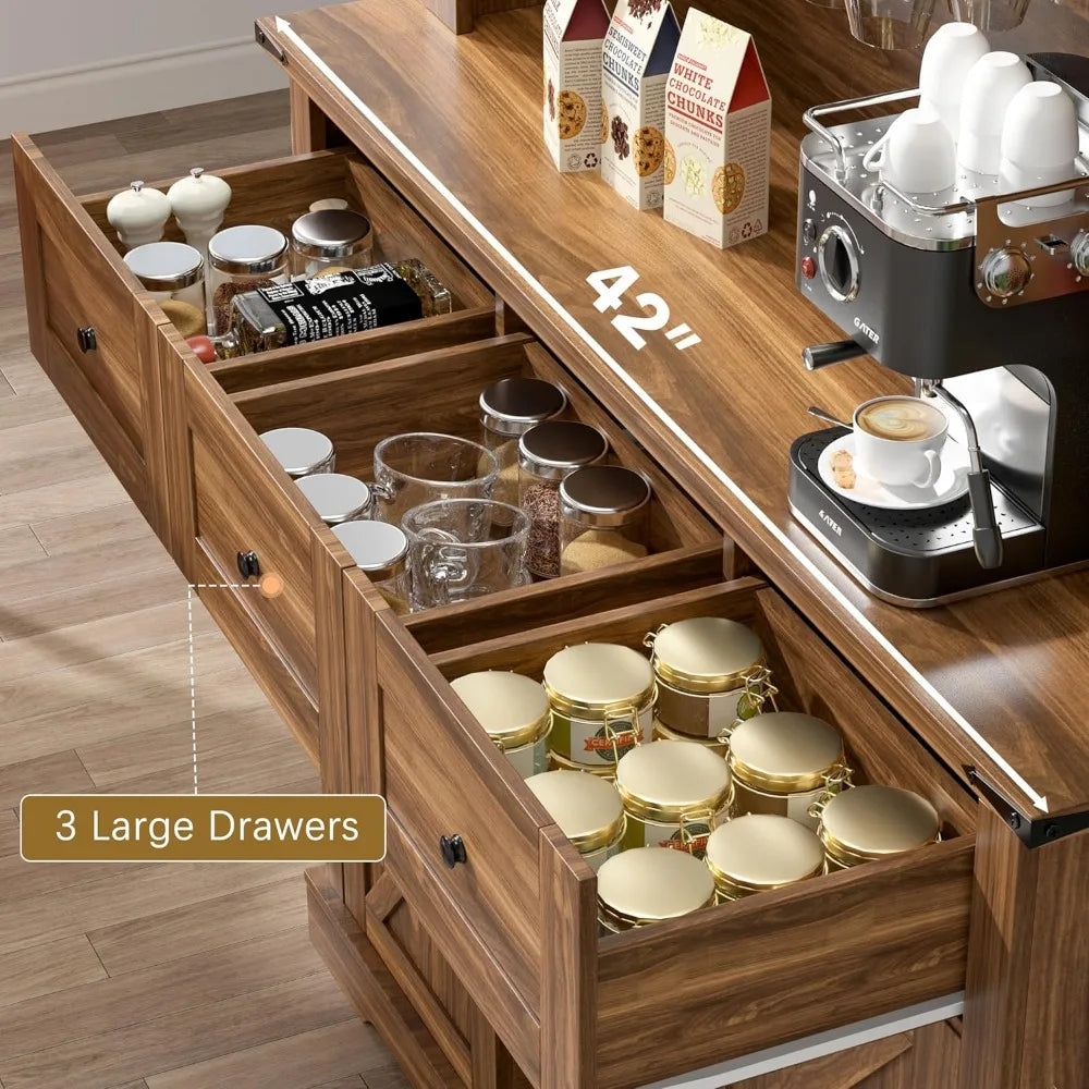 Farmhouse Coffee Bar Cabinet,72" Hutch Cabinet with Storage, Buffet Sideboard with Adjustable Shelves, Sliding Barn Door, Wine &