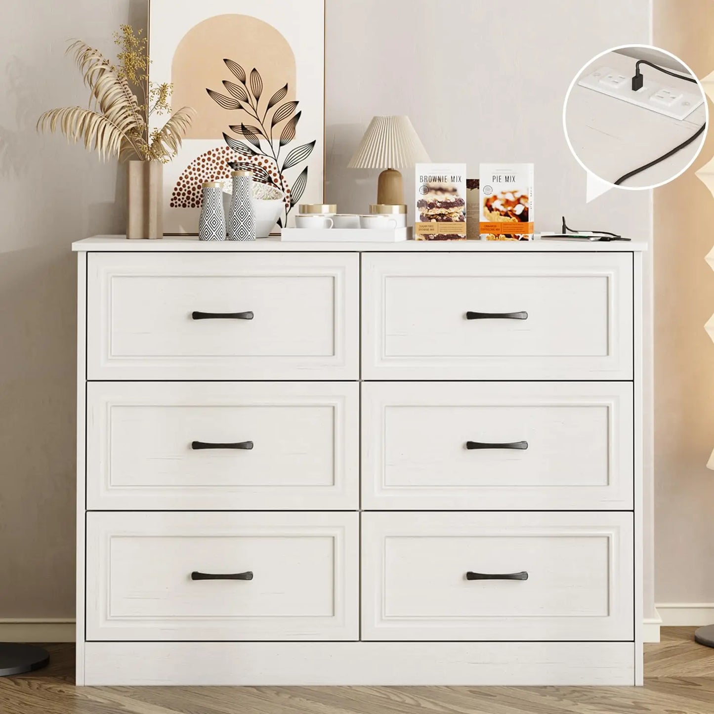 Vabches 6 Drawer Dresser for Bedroom Wood Chest of Drawers with Power Strip Tall Dresser Organizer with Metal Handle for Hallway