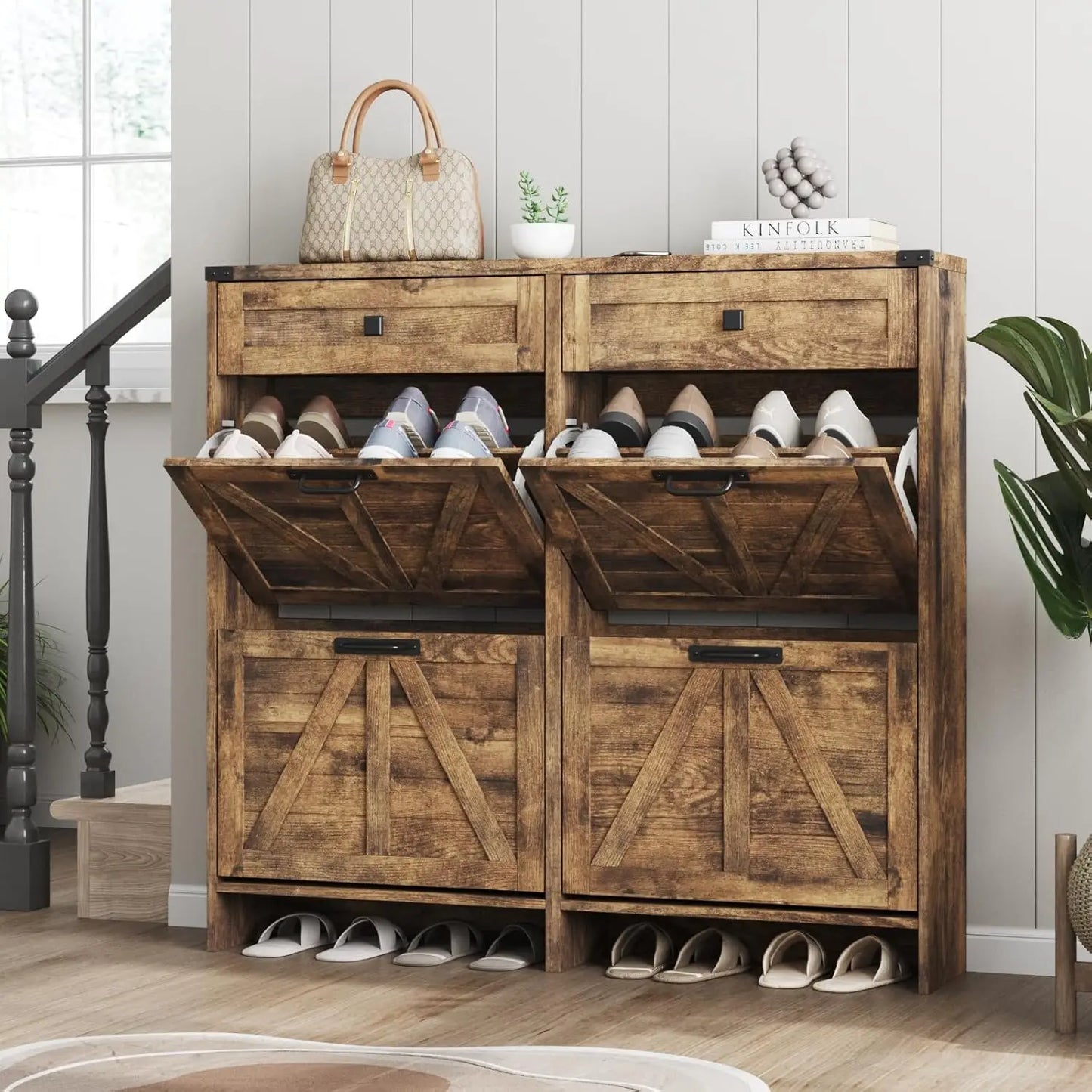 Shoe Cabinet with 2 Flip Drawers & 2 Drawers,Farmhouse Shoe Storage Cabinet for Entryway,Slim Freestanding Narrow Organizer Rack