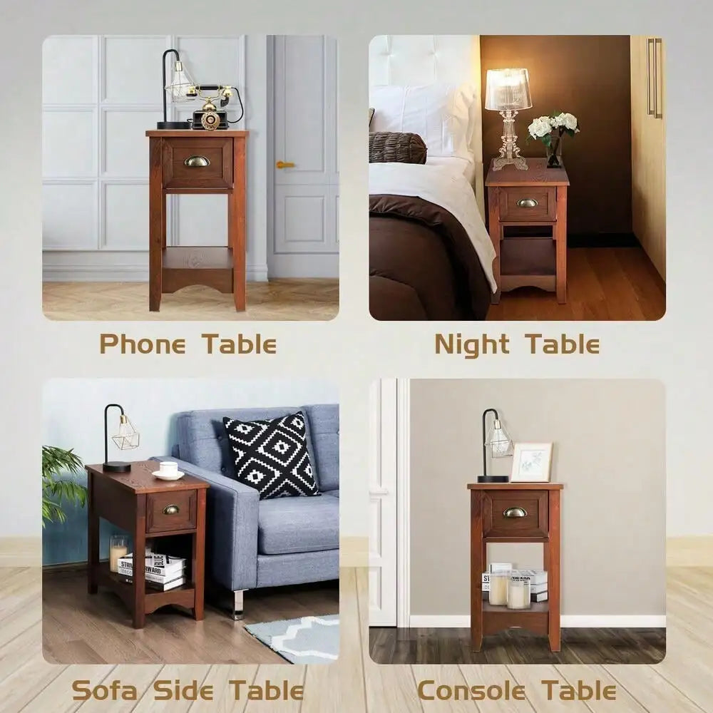 Set of 2 Contemporary Side End Table Compact Table w/ Drawer Nightstand Walnut
