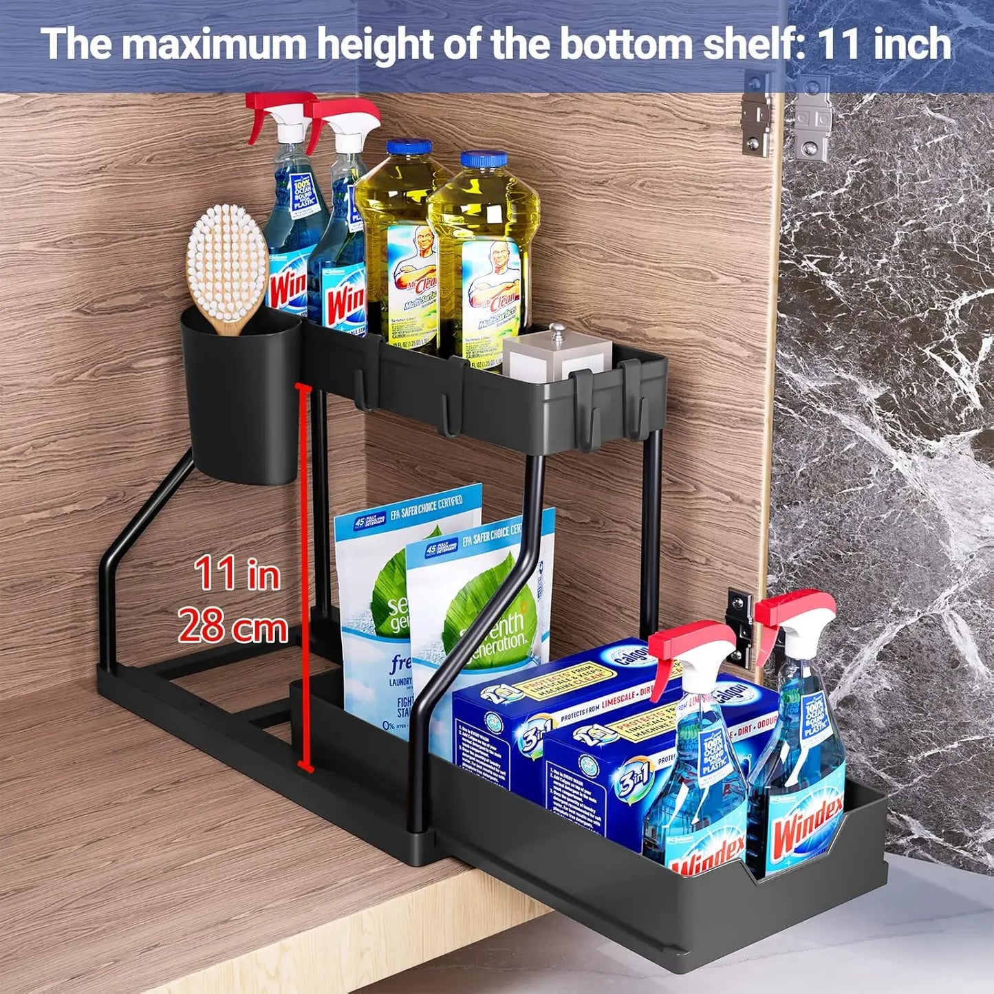Under-sink storage rack, kitchen cabinet storage, dual-slide storage drawer, multi-purpose bathroom storage basket