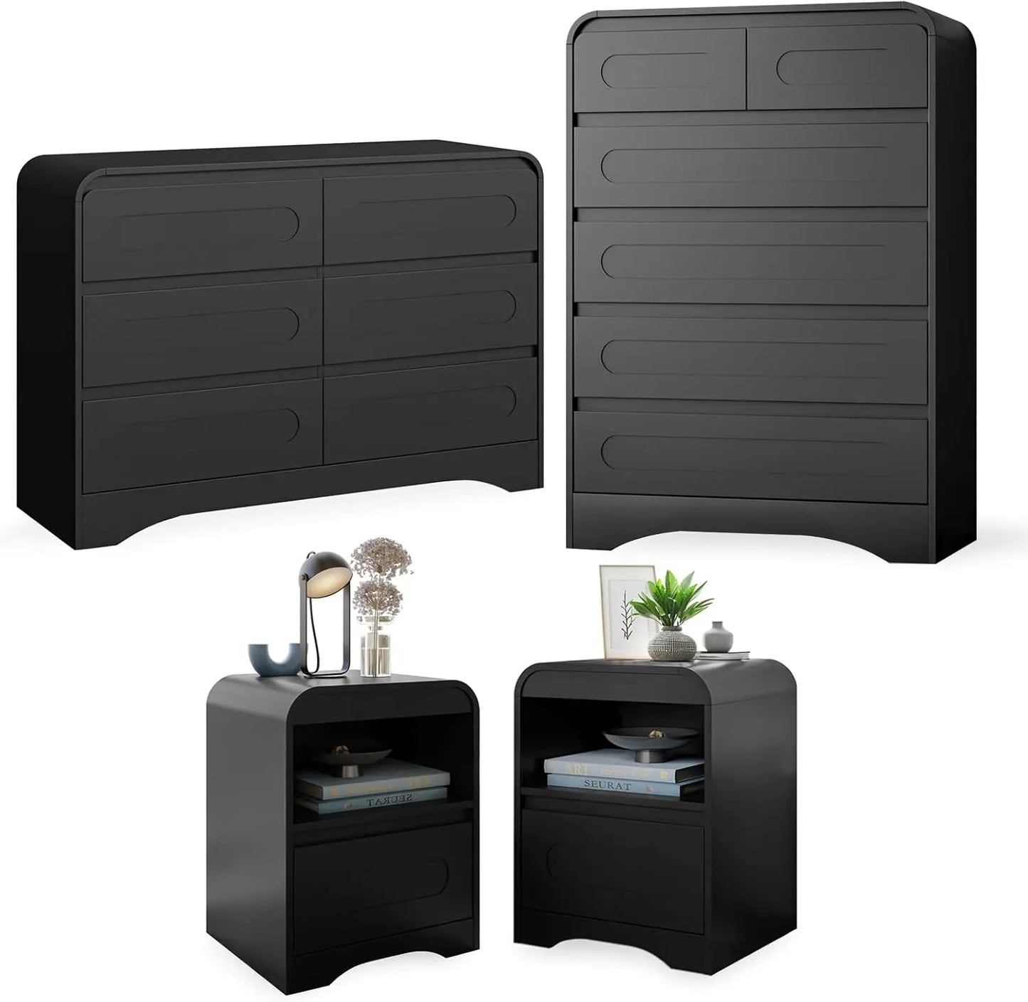 4 Pcs Bedroom Set, Dresser and Nightstand Sets, Including Modern Wooden Tall 6 Drawer Dresser, Wide 6 Drawers Dresser
