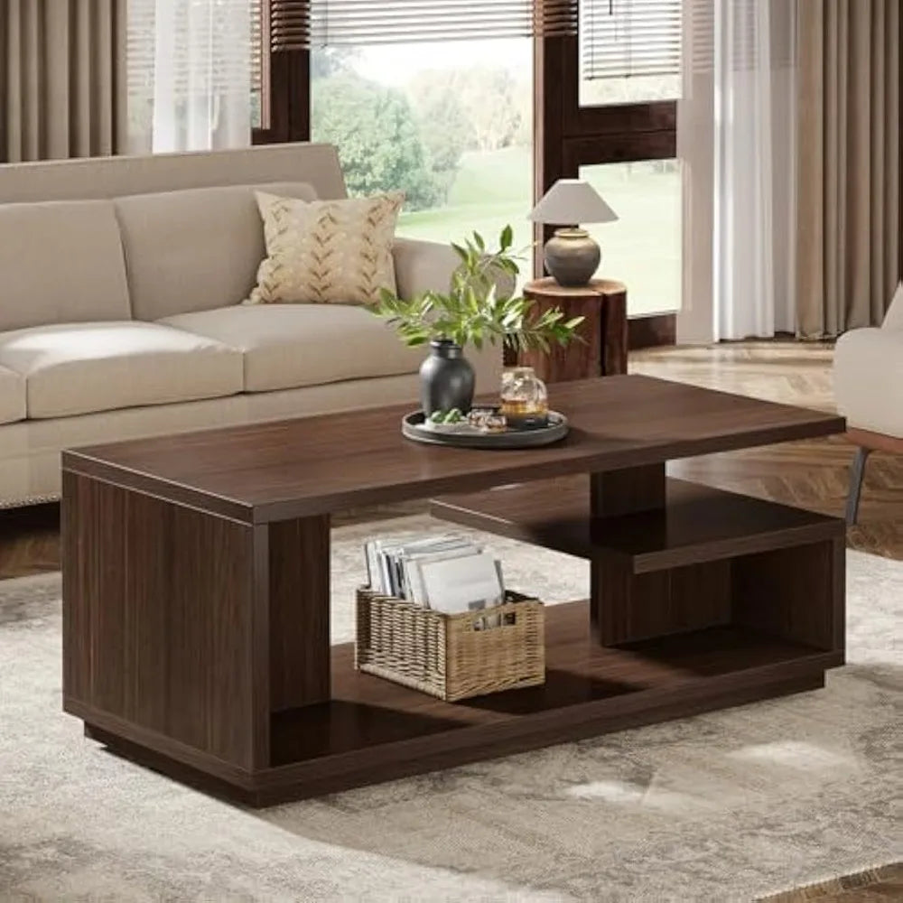 47.24" Coffee Table with Storage Shelf, Mid-Century Modern Center Table, 3-Tier Rectangle Wooden Tea Table with Thick Base