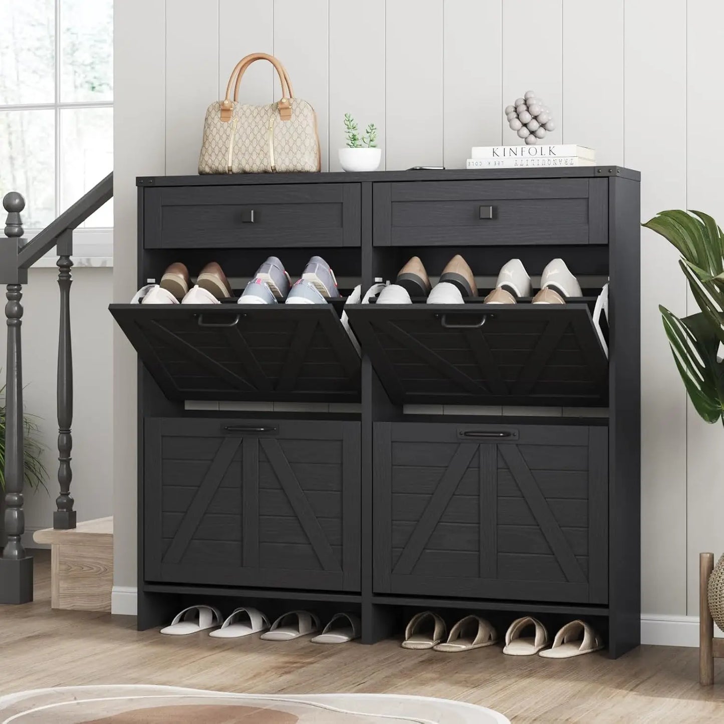Shoe Cabinet with 2 Flip Drawers & 2 Drawers,Farmhouse Shoe Storage Cabinet for Entryway,Slim Freestanding Narrow Organizer Rack