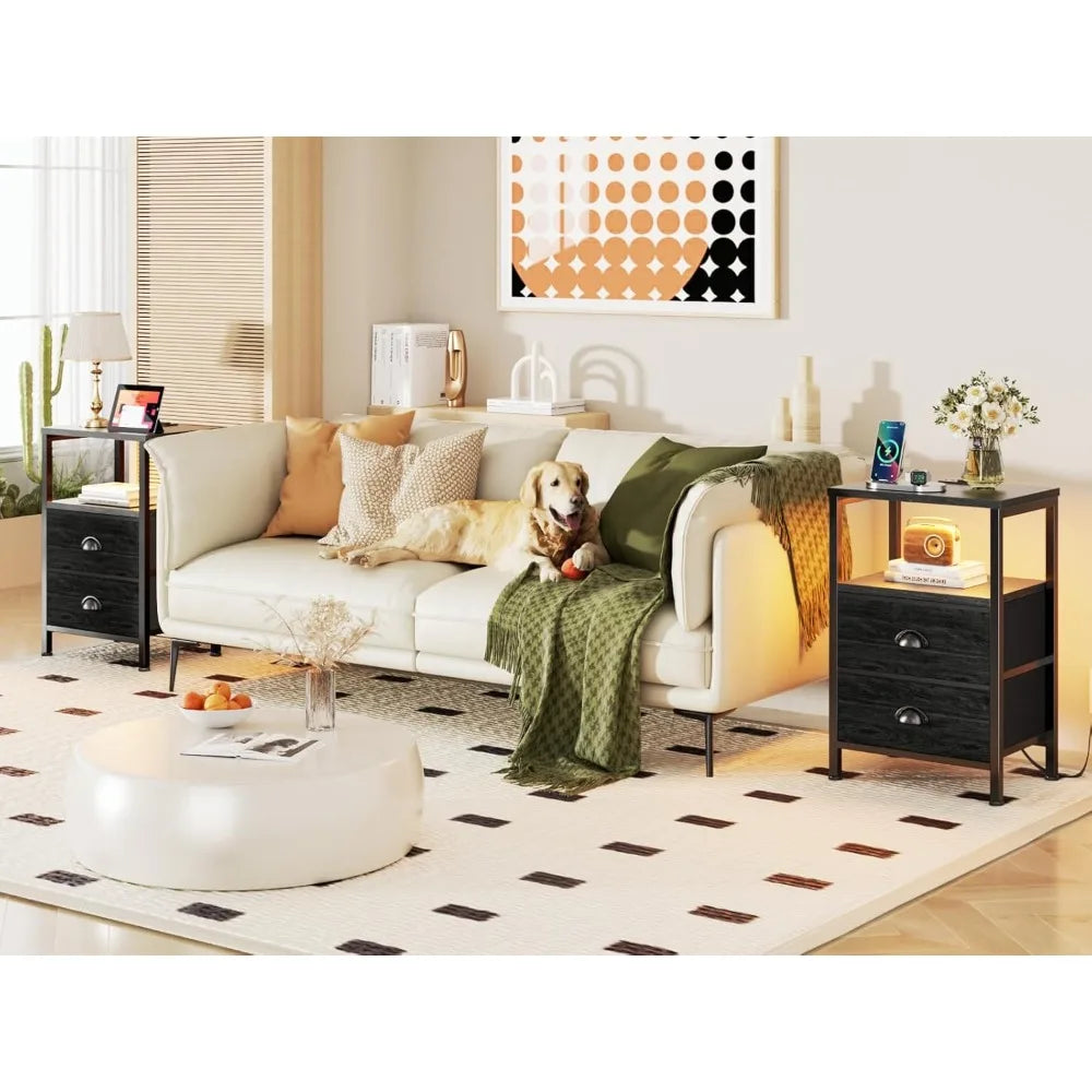 Nightstands Set of 2, End Tables w/Charging Station and LED Lights,Night Stands with 2 Fabric Drawers, Bedside Tables Set of 2