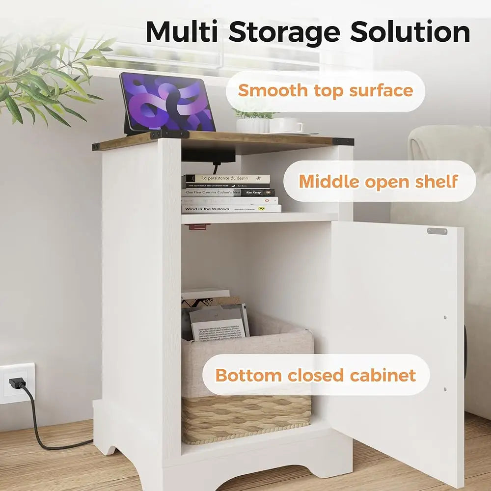 Farmhouse Nightstand, White End Table With Charging Station, Tall Bedside Table With Large Storage Room And Shelf, Wooden