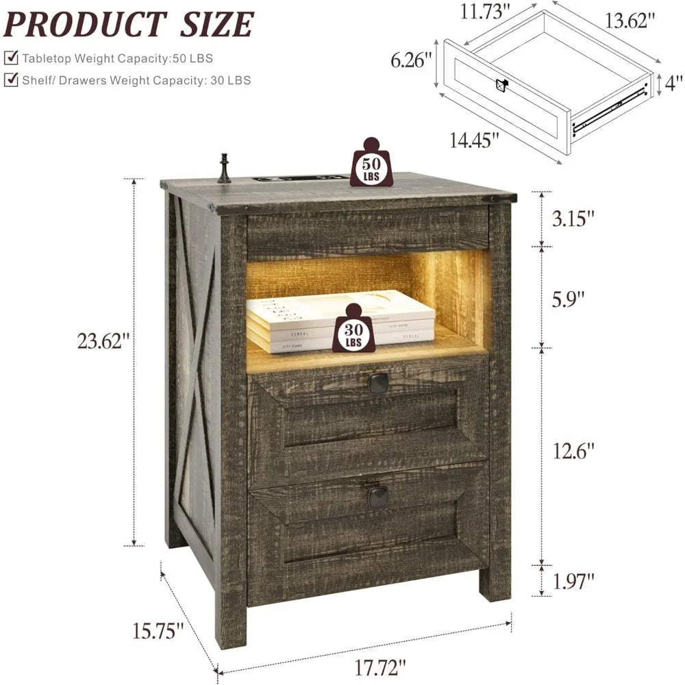 Farmhouse LED Nightstand with Gun Drawer&Invisible Lock,Modern Bedside Table with Human Sensor Design,Rustic Side Table
