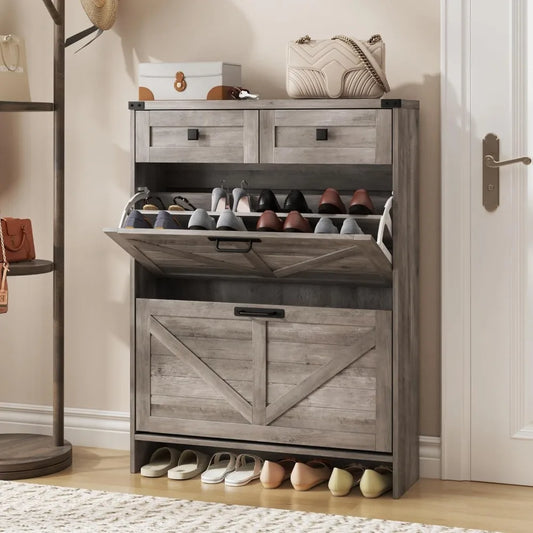 Shoe Cabinet with 2 Flip Drawers & 2 Drawers,Farmhouse Shoe Storage Cabinet for Entryway,Slim Freestanding Narrow Organizer Rack