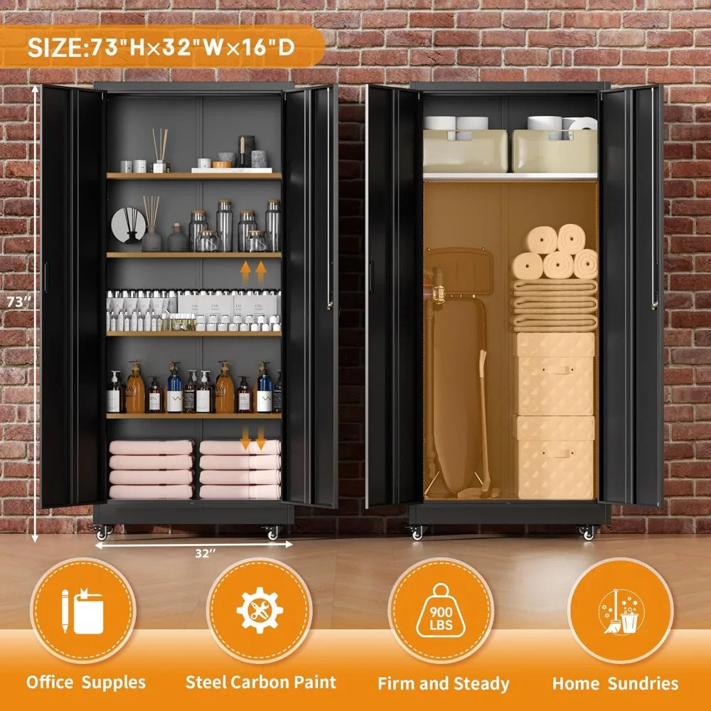 36" Metal Storage Cabinet with Wheels, Lockable Rolling Metal Garage Cabinets with 2 Doors and 4 Adjustable Shelves, Rolling To