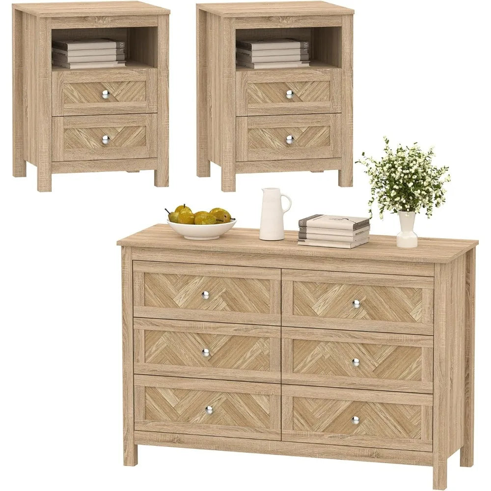 3 Pieces Bedroom Set with 6 Drawer Dresser and 2 Drawer Nightstands, Wooden Dresser and Nightstands for Bedroom, Living Room.