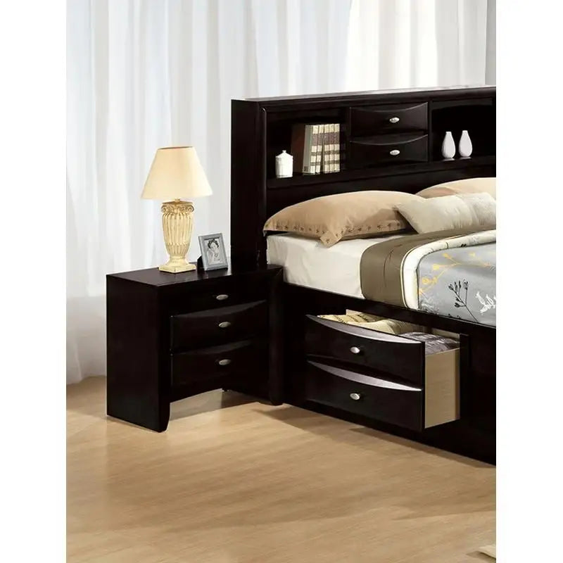 Contemporary Full Size Bed & 2 Nightstands with Headboard Bookcase in Black 3pc Bedroom Furniture Set