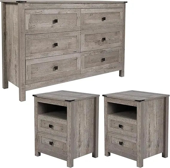 Farmhouse Bedroom Set, 3 Pieces Bedroom Furniture Set, Rustic Wood 6 Drawer Dresser and 2 Nightstands.