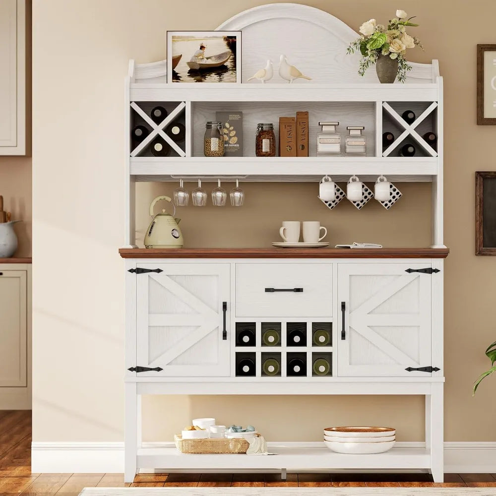 Coffee Bar Cabinet, Farmhouse Large Kitchen Buffet with Hutch & Wine Glass Rack, Pantry Cabinet for Home Bar, Living Room