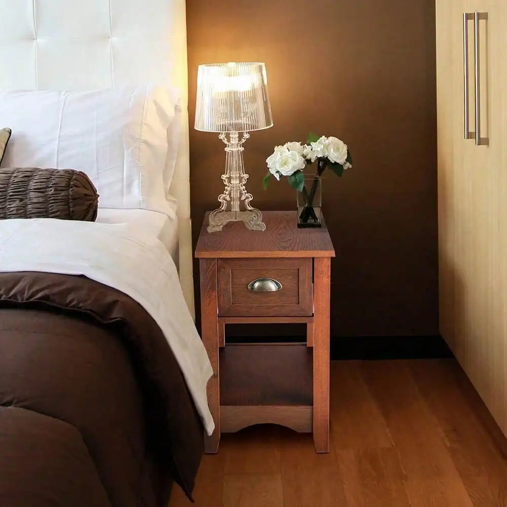 Set of 2 Contemporary Side End Table Compact Table w/ Drawer Nightstand Walnut