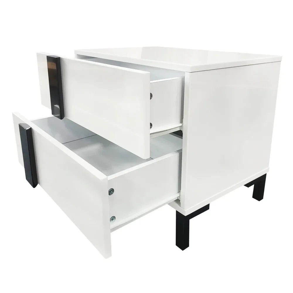 Modern High Gloss 3-Piece Bedroom Set Floating Bed Frame Queen Size Platform Bed with LED Light & 2 Nightstands, White