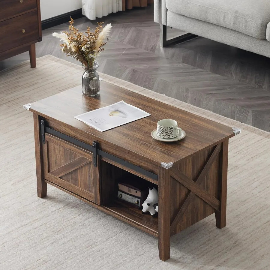 36inch Small Farmhouse Barn Door Coffee Table with Lift Top and Hidden Storage Rectangular Wooden Living Room Table with Liftin