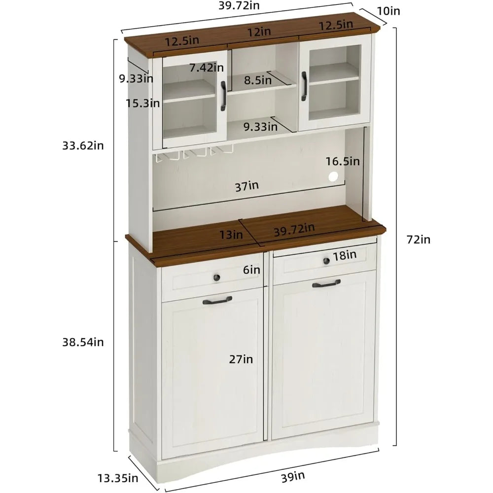 72" Kitchen Pantry Storage Cabinet with Tilt Out Trash Bin & Microwave Stand, Freestanding Coffee Hutch Bar Cabinet with Adjusta