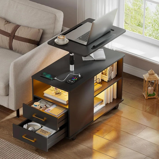 Nightstand with Charging Station, Bedside Table with LED Lights, Smart Side End Tabel Has Adjustable Rotary Table/Storage Drawer